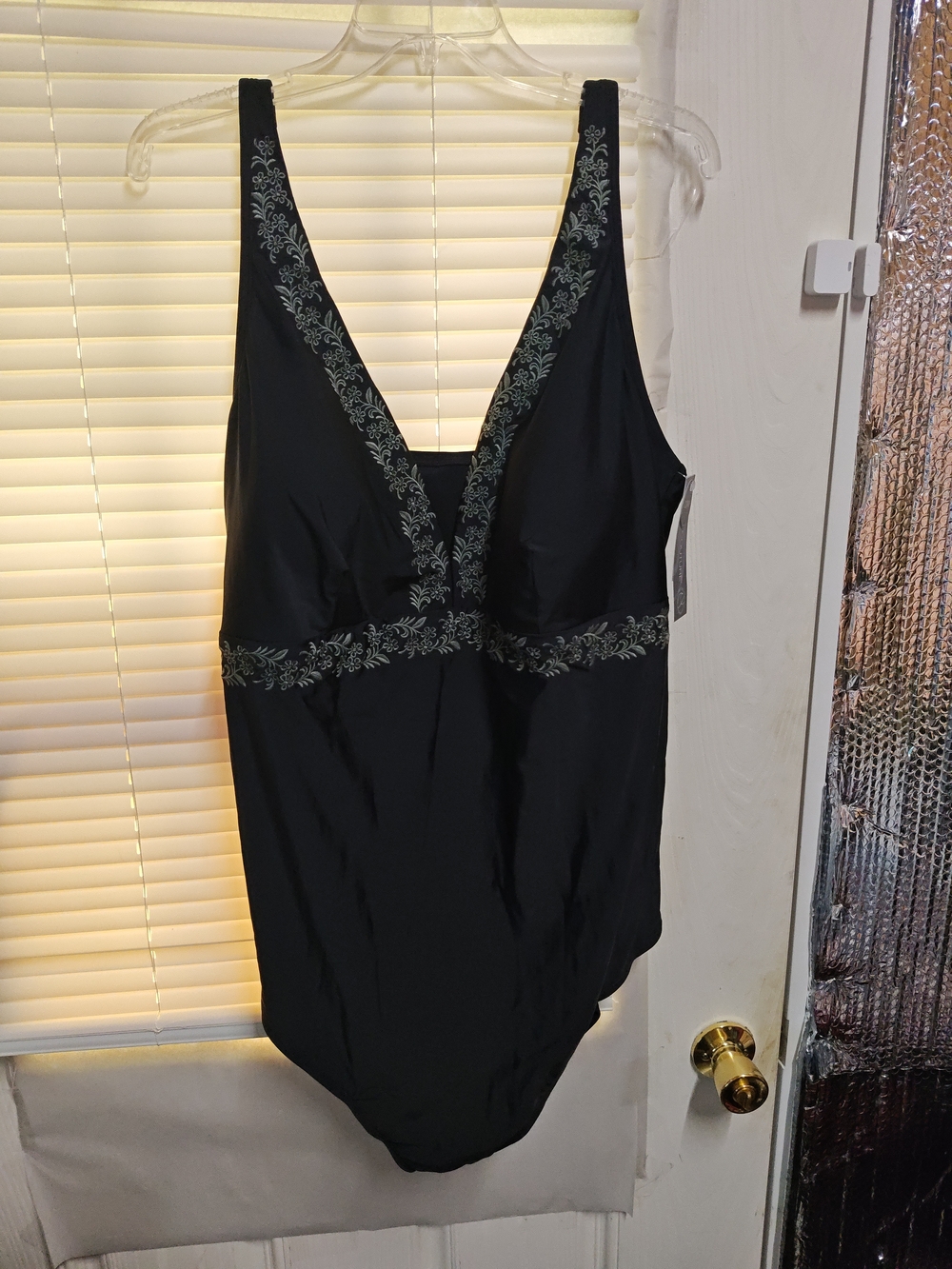 Black Floral-Trim Deep V One-Piece Swimsuit